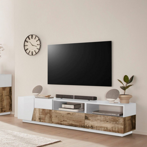 TV-meubel 200x43cm muurbevestiging woonkamer wit modern hout Hatt Wood