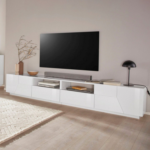 Moderne TV-standaard 260x43cm woonkamer muurkast wit glanzend More