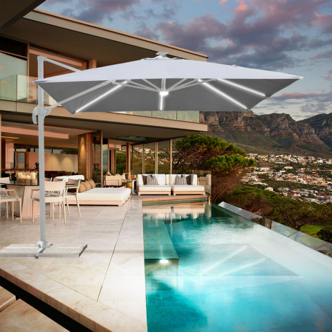 Adjustable garden side arm umbrella, with LED solar light 3x3m Paradise White