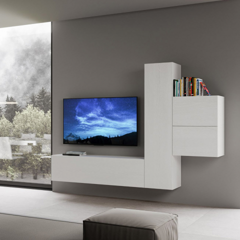 Wandmeubel woonkamer TV-meubel 4 bovenkasten van wit hout, modern design A17