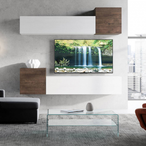 Wit houten tv-wandmeubel met 4 hangende kasten woonkamer A37