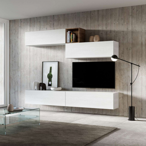Moderne zwevende wandmeubel TV-eenheid woonkamer wit hout A01 Aanbieding