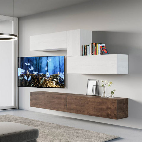 Aan de muur gemonteerde tv-standaard geschorst wit hout moderne woonkamer A04