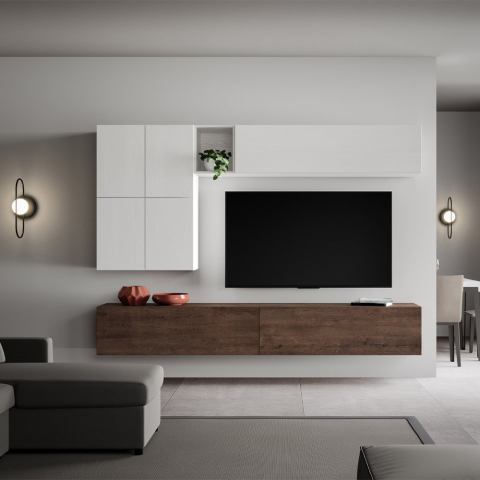 Wit hout hangend modern tv-wandsysteem in de woonkamer A16