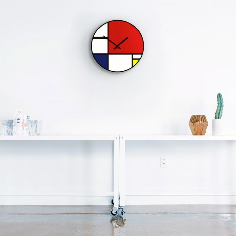 Ronde moderne hedendaagse kunst design wandklok Mondrian