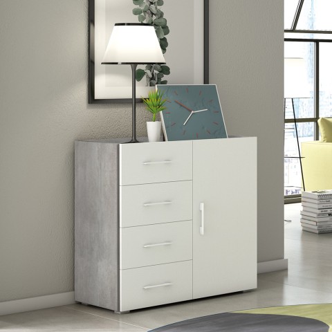 Moderne design ladekast met 4 lades en deur, grijs en wit Aanbieding