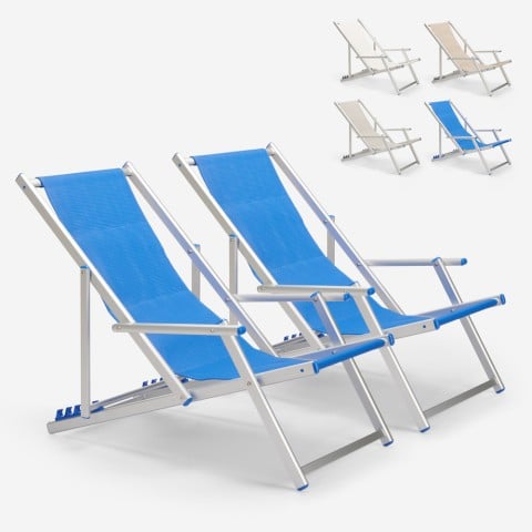 2 Ligstoelen zee strand armleuningen aluminium opvouwbaar Riccione Gold Lux