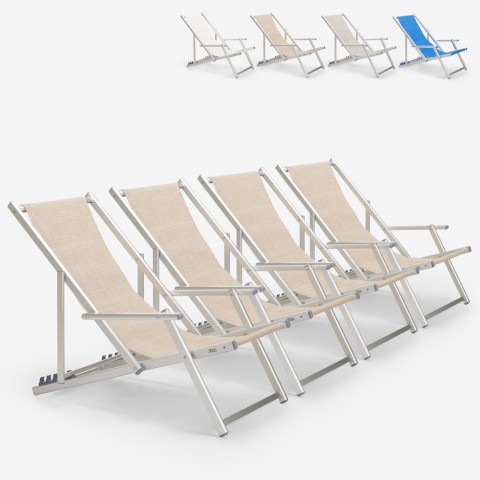 4 Ligstoelen zee strand armleuningen aluminium opvouwbaar Riccione Gold Lux Aanbieding